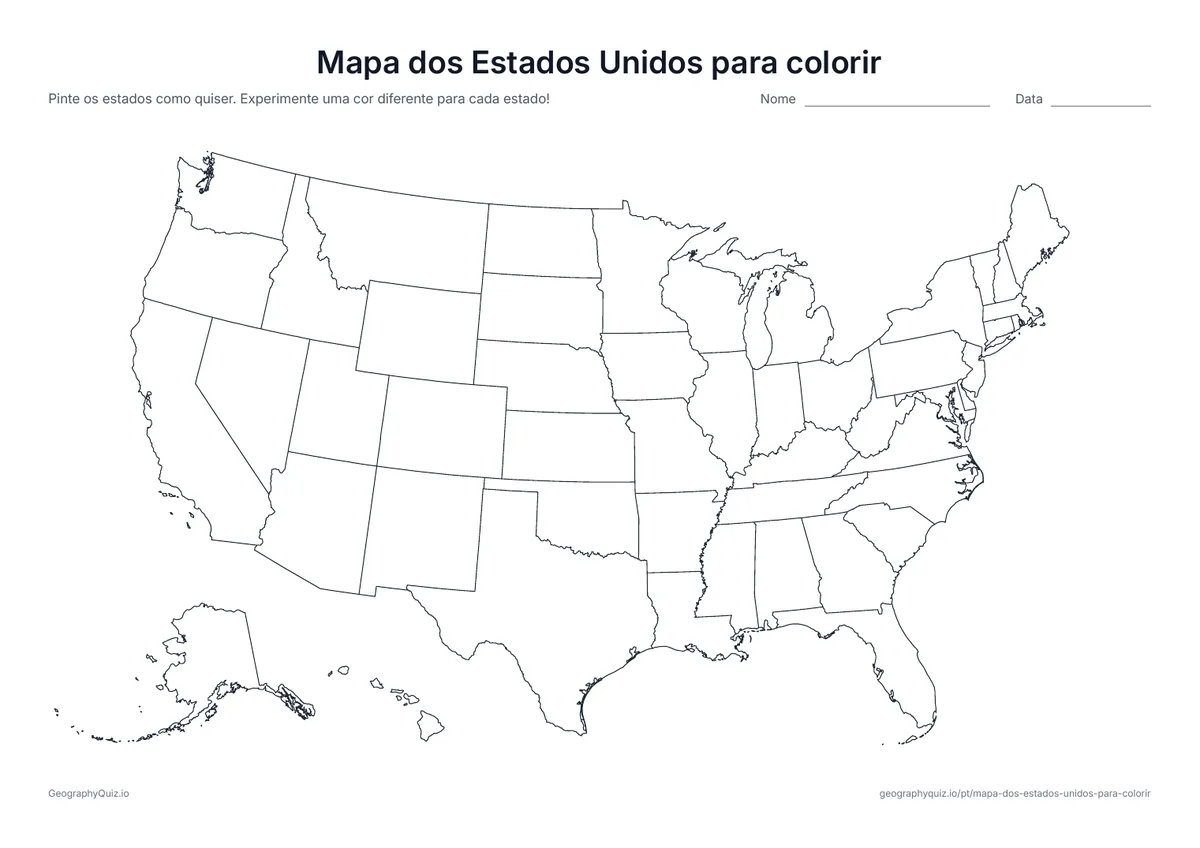 Prévia da atividade para imprimir: Mapa dos Estados Unidos para colorir: Um mapa dos 50 estados com todas as fronteiras e sem nomes: pinte os estados como quiser