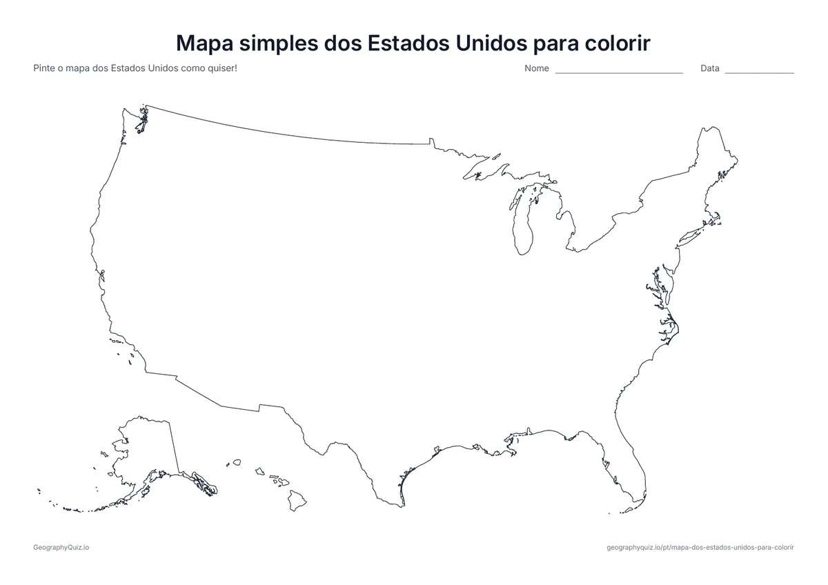 Prévia da atividade para imprimir: Mapa simples dos Estados Unidos para colorir: O contorno dos Estados Unidos sem fronteiras entre os estados: uma única forma grande, fácil de pintar para os menores