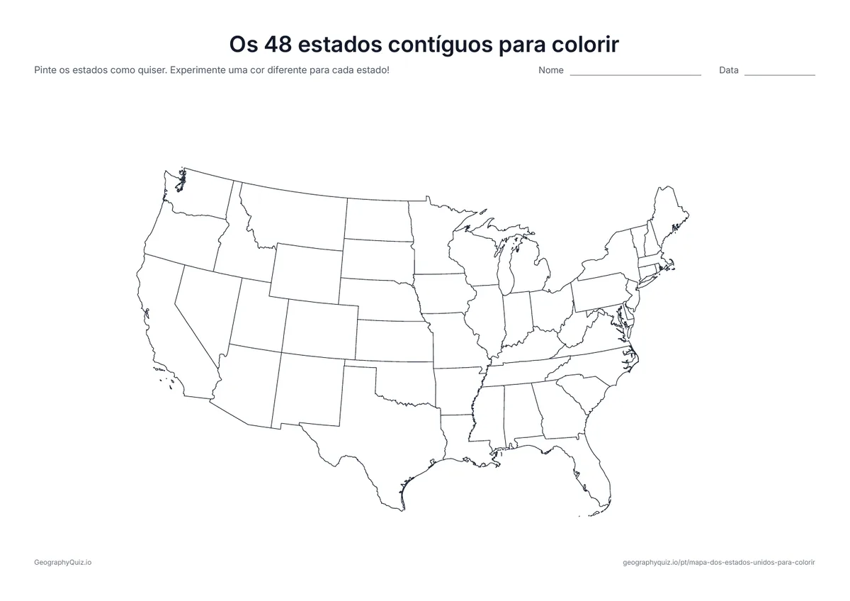 Prévia da atividade para imprimir: Os 48 estados contíguos para colorir: Os 48 estados contíguos em tamanho grande, sem o Alasca e o Havaí: mais espaço para pintar cada estado