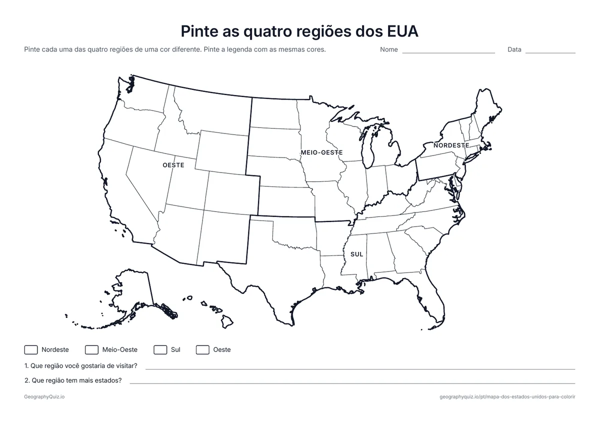 Prévia da atividade para imprimir: Pinte as quatro regiões dos EUA: Linhas grossas dividem o mapa em Nordeste, Meio-Oeste, Sul e Oeste