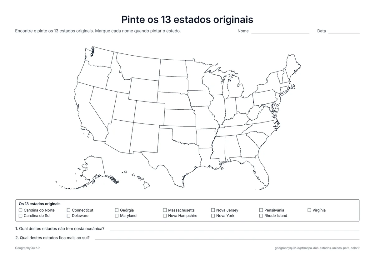 Prévia da atividade para imprimir: Pinte os 13 estados originais: A lista dos treze estados que nasceram como colônias britânicas