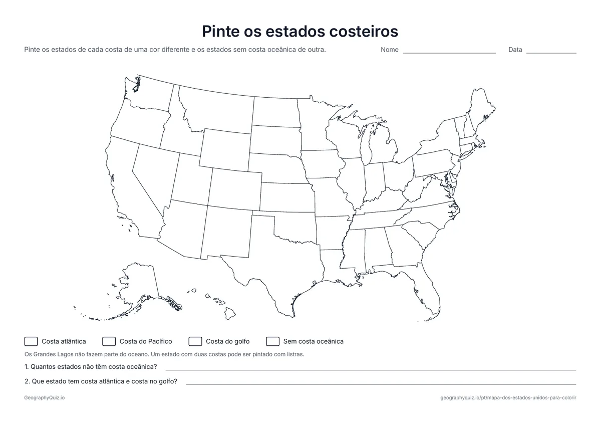 Prévia da atividade para imprimir: Pinte os estados costeiros: Os alunos pintam os estados da costa atlântica, do Pacífico e do golfo, e os estados sem costa oceânica