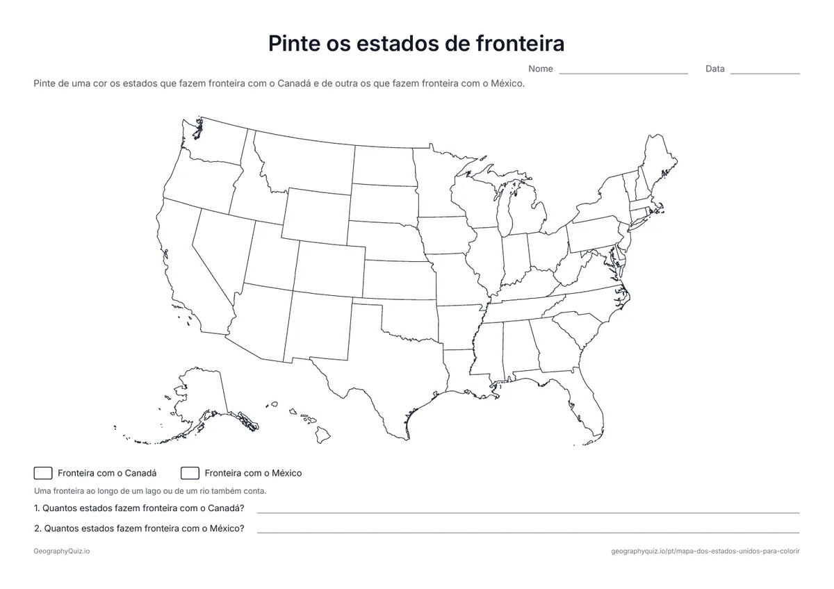 Prévia da atividade para imprimir: Pinte os estados de fronteira: Os alunos pintam os estados que fazem fronteira com o Canadá e com o México, e os contam