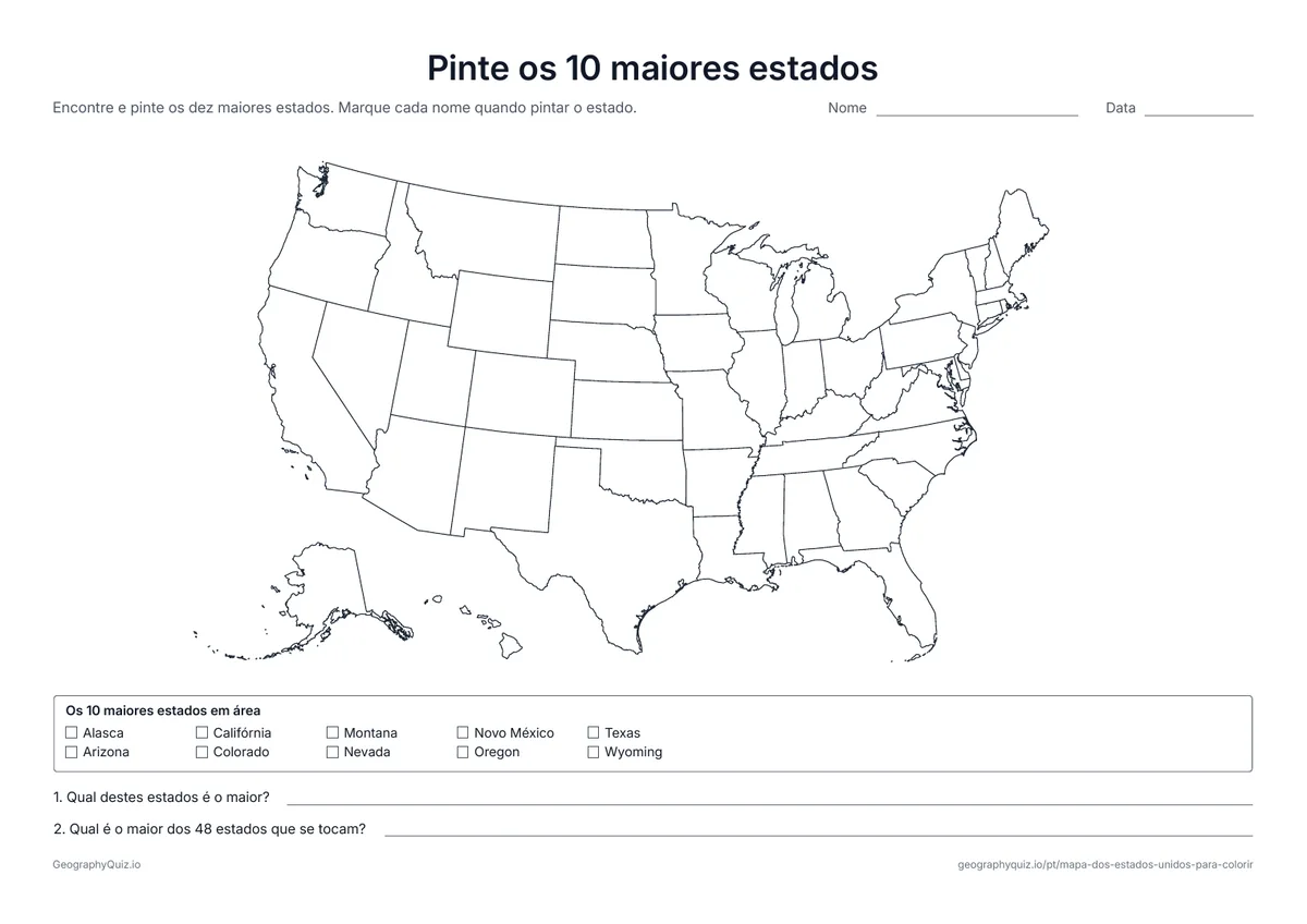 Prévia da atividade para imprimir: Pinte os 10 maiores estados: A lista dos dez maiores estados em área