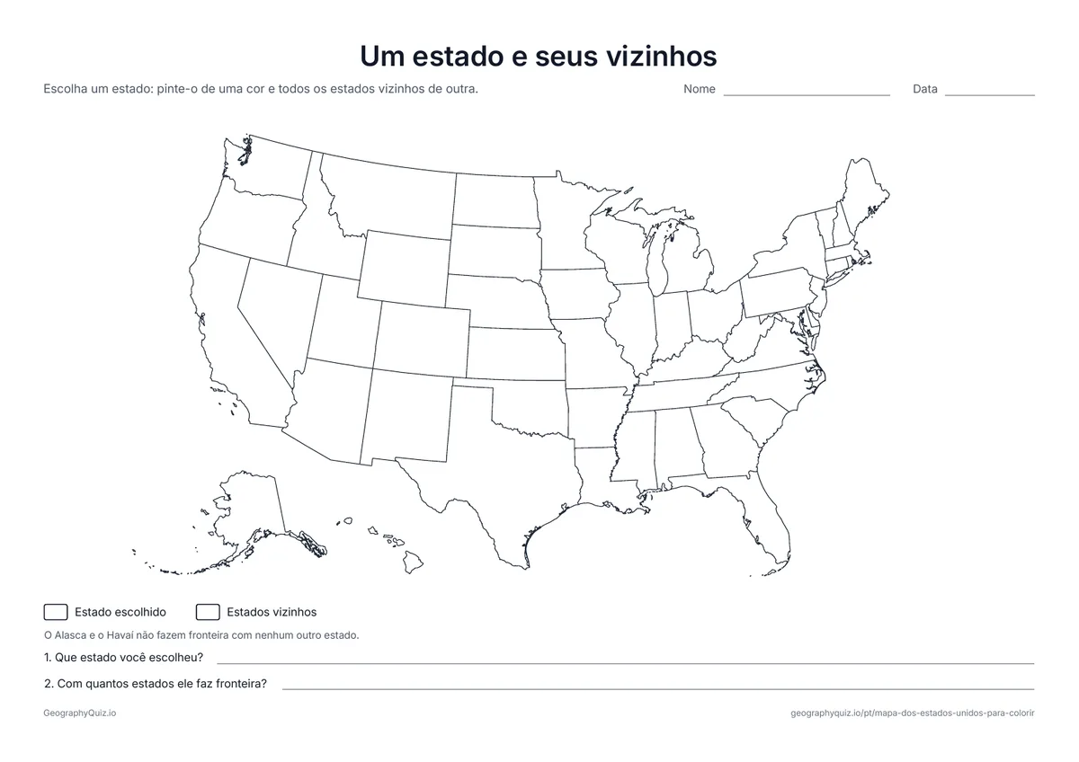 Prévia da atividade para imprimir: Um estado e seus vizinhos: Os alunos pintam um estado e todos os estados que fazem fronteira com ele, e respondem a duas perguntas