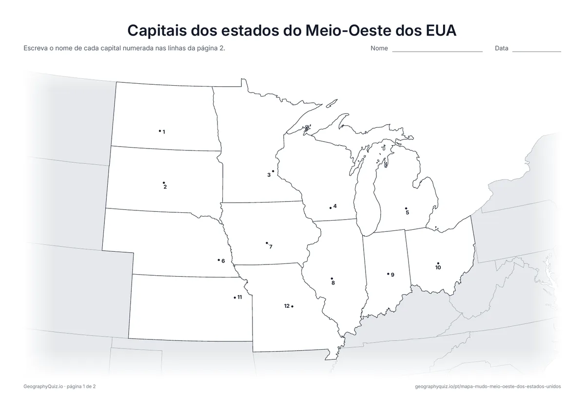 Prévia da atividade para imprimir: Capitais dos estados do Meio-Oeste dos EUA