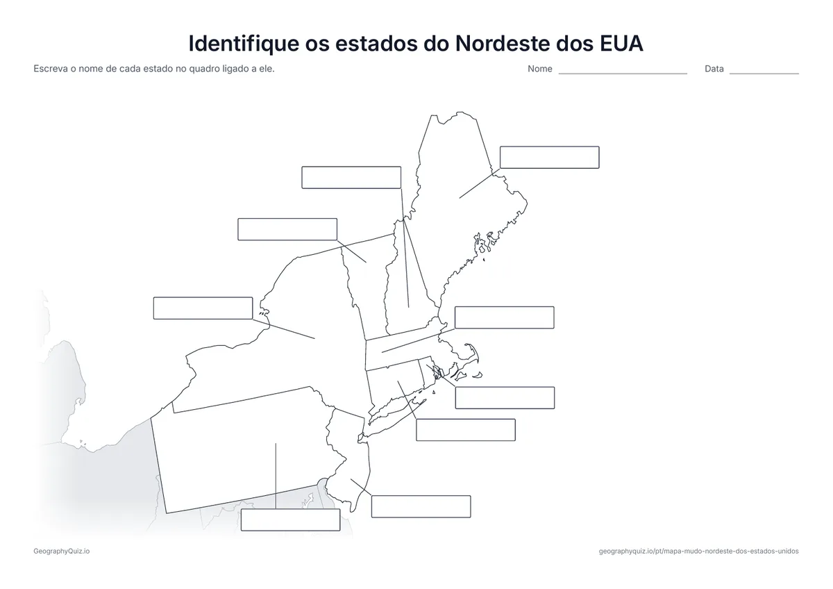 Prévia da atividade para imprimir: Identifique os estados do Nordeste dos EUA