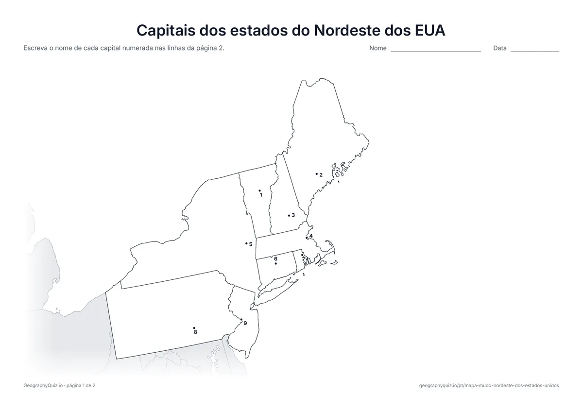 Prévia da atividade para imprimir: Capitais dos estados do Nordeste dos EUA