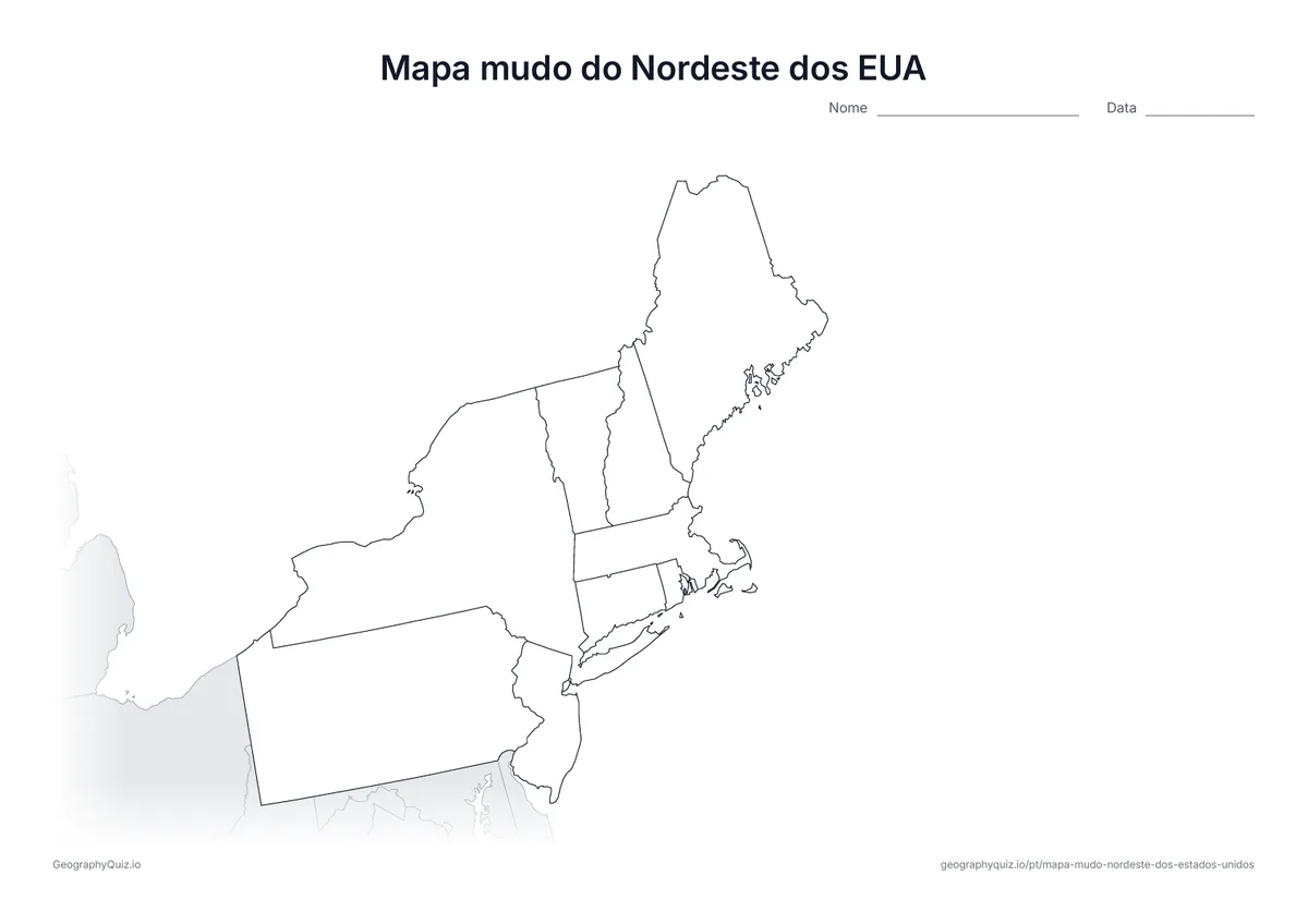 Prévia do mapa mudo da região Nordeste dos EUA para imprimir