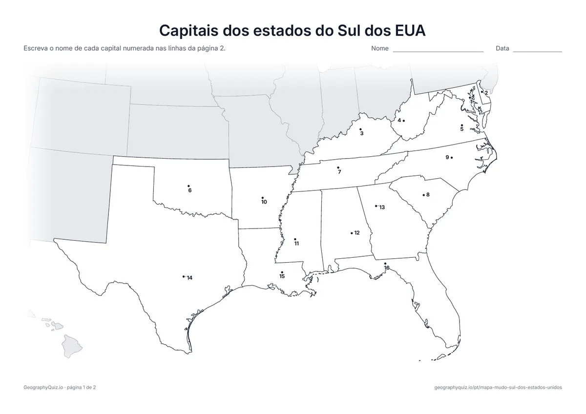 Prévia da atividade para imprimir: Capitais dos estados do Sul dos EUA