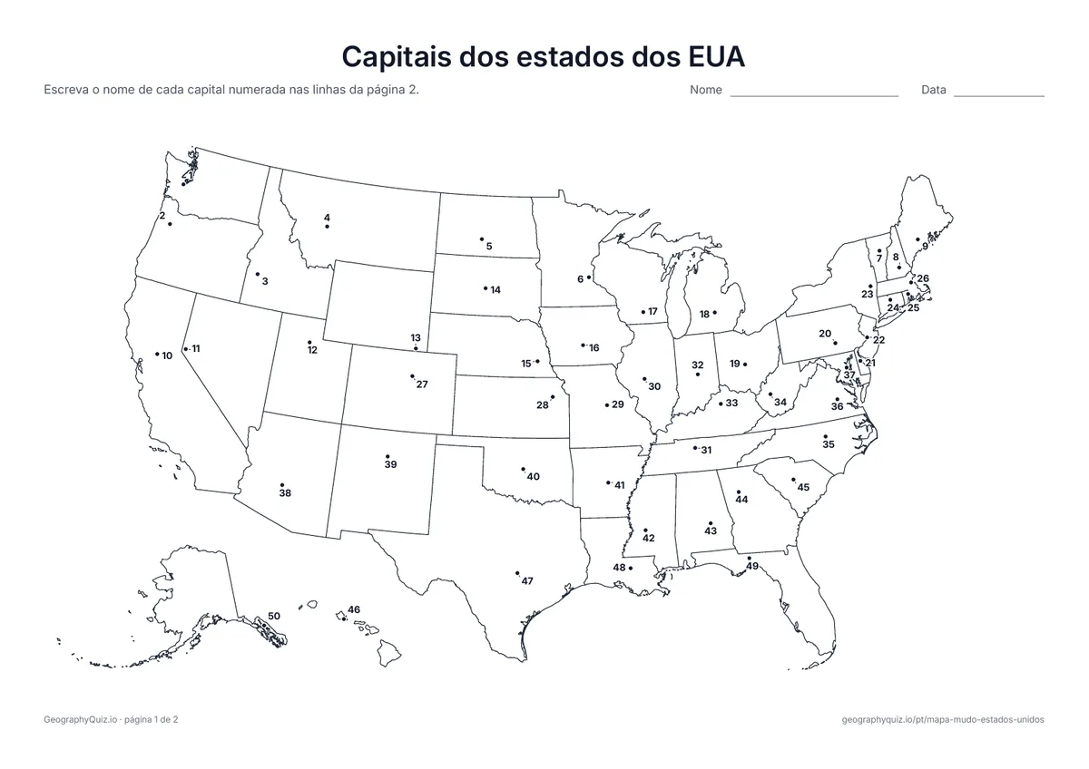 Prévia da atividade para imprimir: Capitais dos estados dos EUA