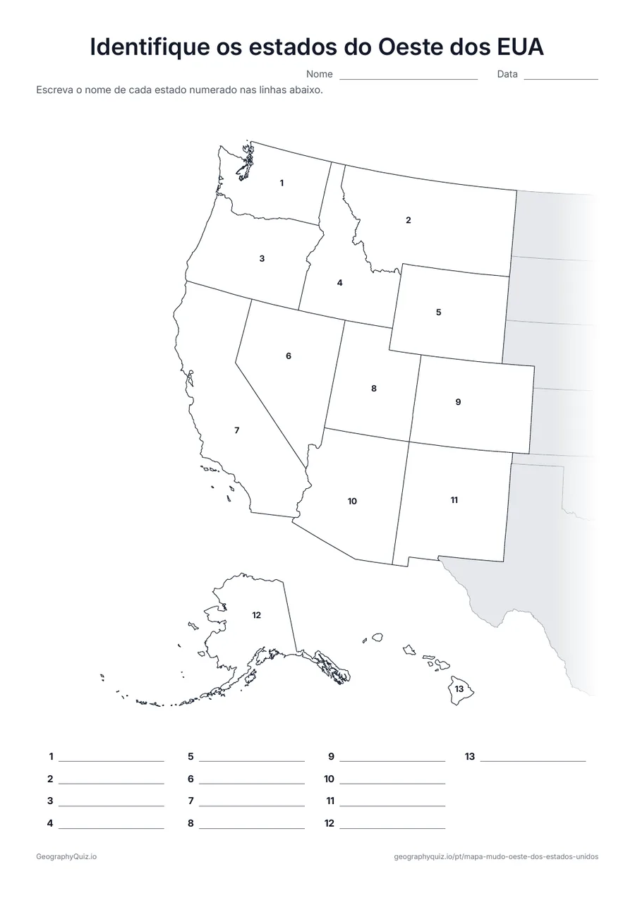 Prévia da atividade para imprimir: Identifique os estados do Oeste dos EUA