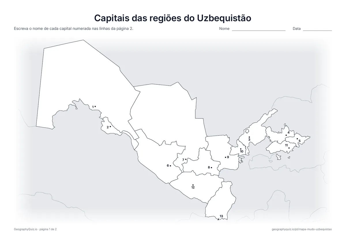 Prévia da atividade para imprimir: Capitais das regiões do Uzbequistão