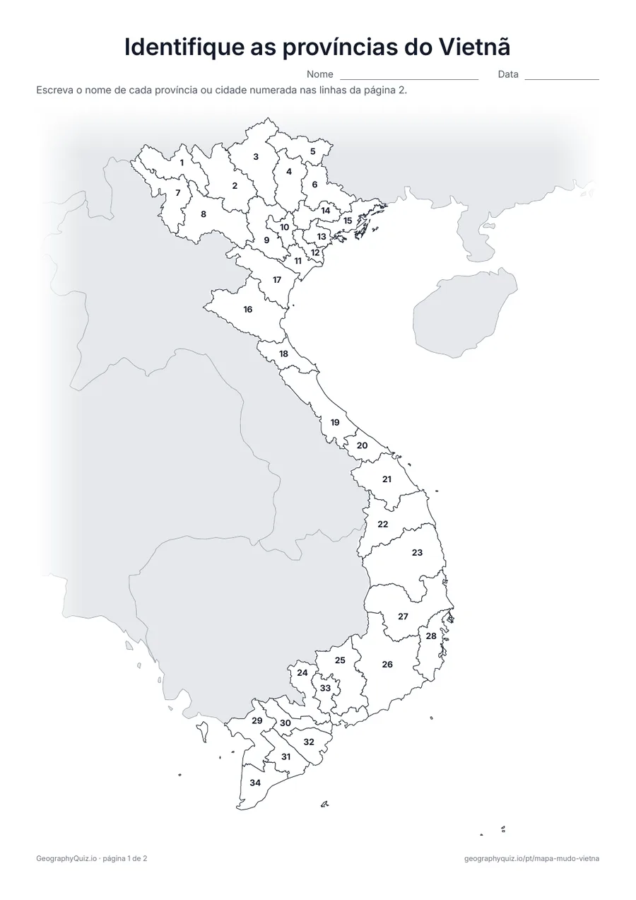 Prévia da atividade para imprimir: Identifique as províncias do Vietnã