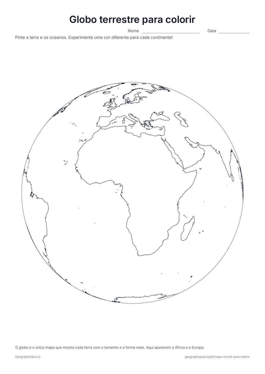 Prévia da atividade para imprimir: Globo terrestre para colorir: A Terra como um globo, com a África e a Europa no centro: pinte a terra de verde e marrom e os oceanos de azul