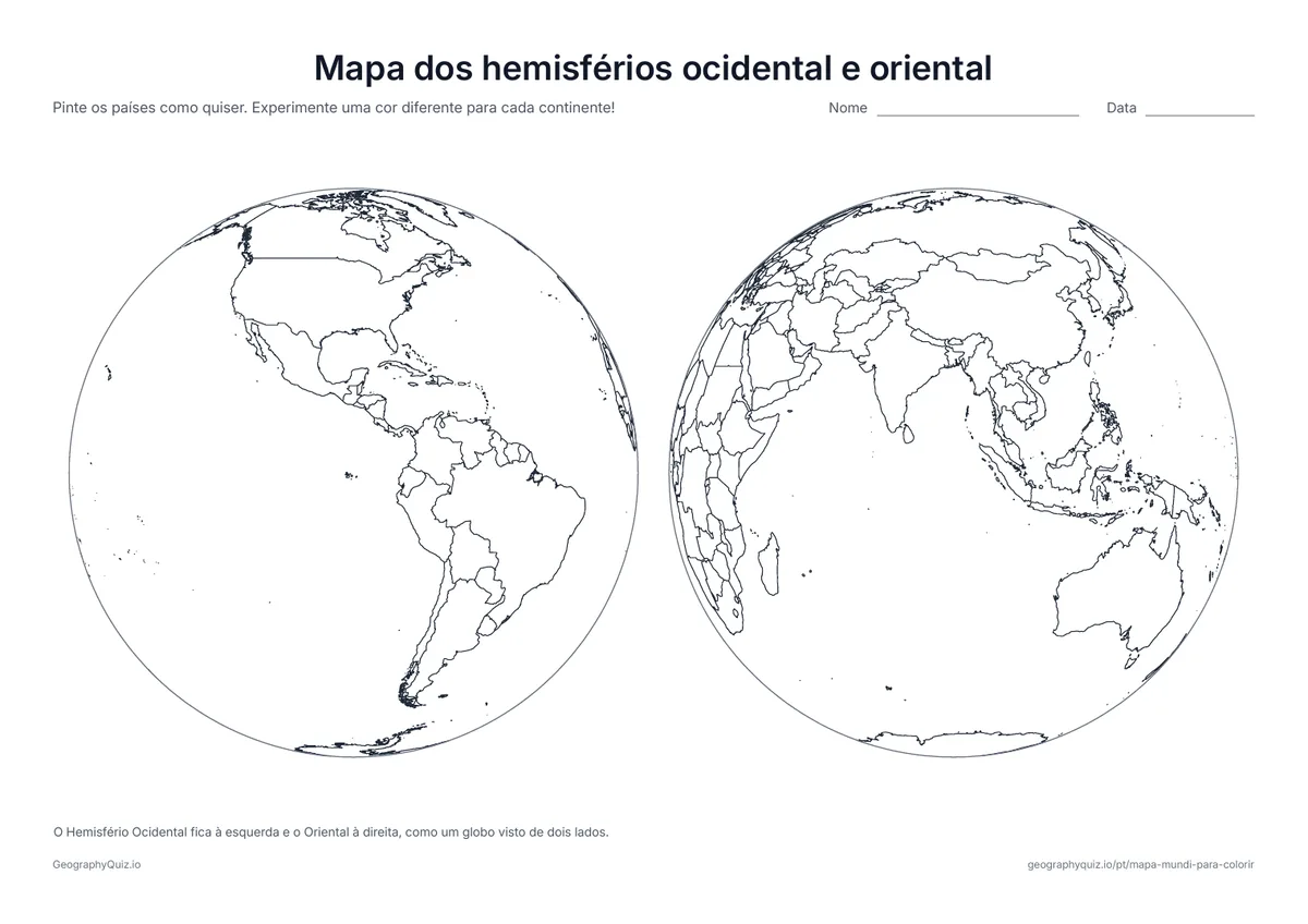 Prévia da atividade para imprimir: Mapa dos hemisférios ocidental e oriental: Dois globos lado a lado: as Américas num, a Europa, a África, a Ásia e a Austrália no outro
