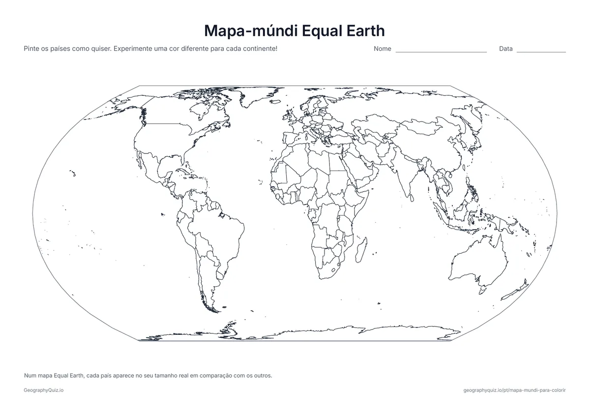 Prévia da atividade para imprimir: Mapa-múndi Equal Earth: A projeção Equal Earth, que mostra cada país no seu tamanho real em comparação com os outros