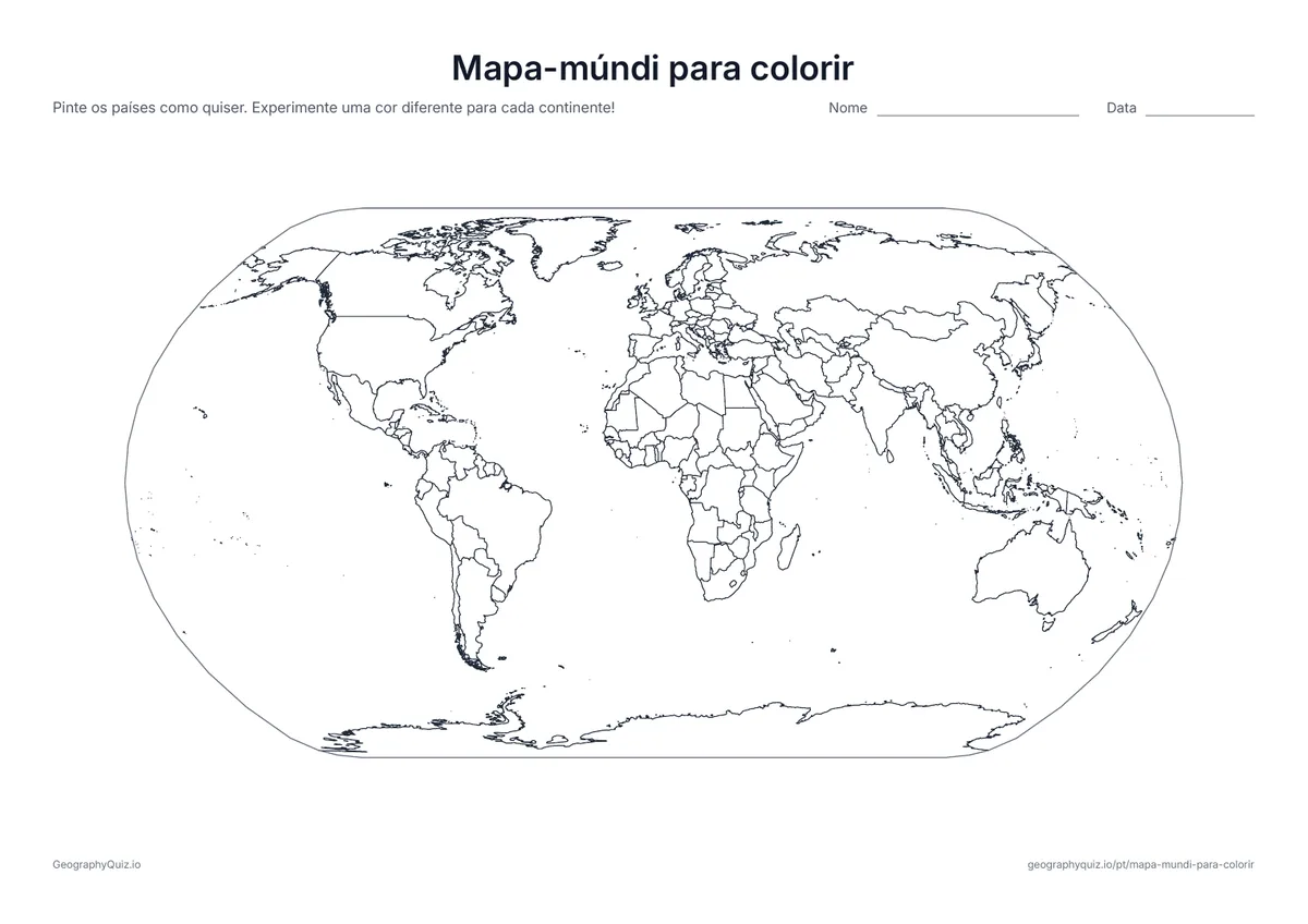 Prévia da atividade para imprimir: Mapa-múndi para colorir: Um mapa do mundo com todos os países e sem nomes: pinte os países como quiser