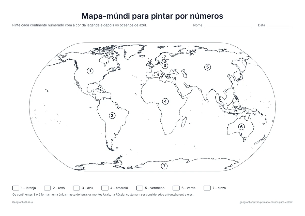 Prévia da atividade para imprimir: Mapa-múndi para pintar por números: Cada continente tem um número de 1 a 7