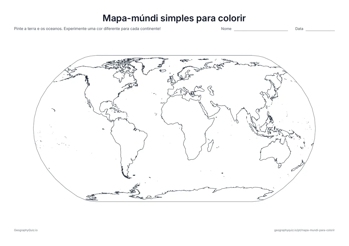 Prévia da atividade para imprimir: Mapa-múndi simples para colorir: Os continentes como formas grandes e simples, sem fronteiras: fácil de pintar para os menores