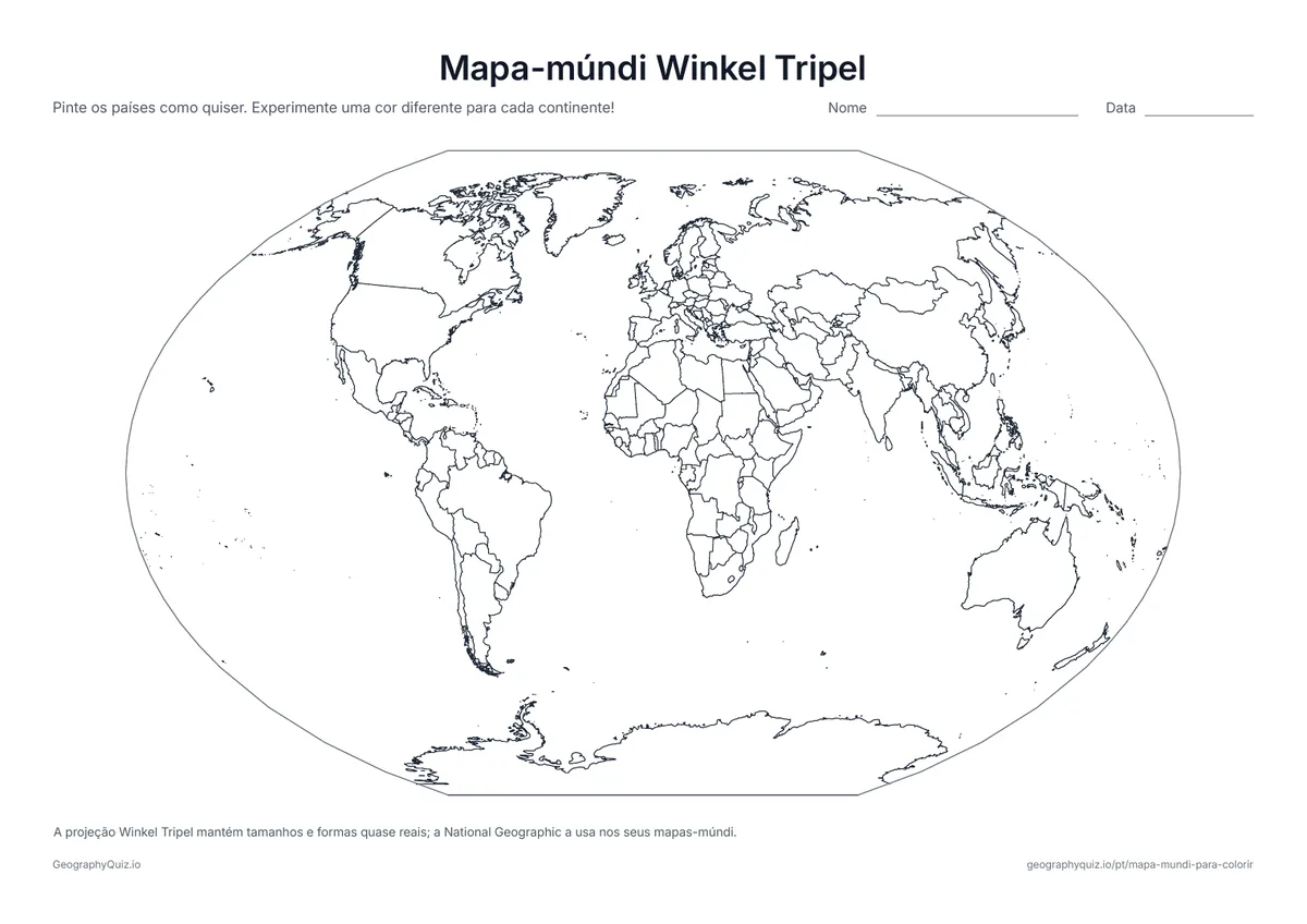 Prévia da atividade para imprimir: Mapa-múndi Winkel Tripel: O mundo na projeção Winkel Tripel, a que a National Geographic usa nos seus mapas-múndi