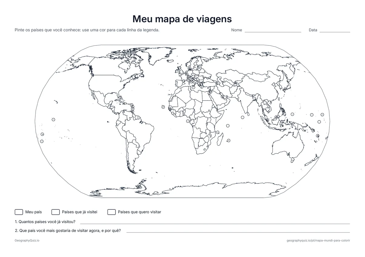 Prévia da atividade para imprimir: Meu mapa de viagens: Pinte o seu país, os países que você já visitou e os que quer visitar, e responda a duas perguntas