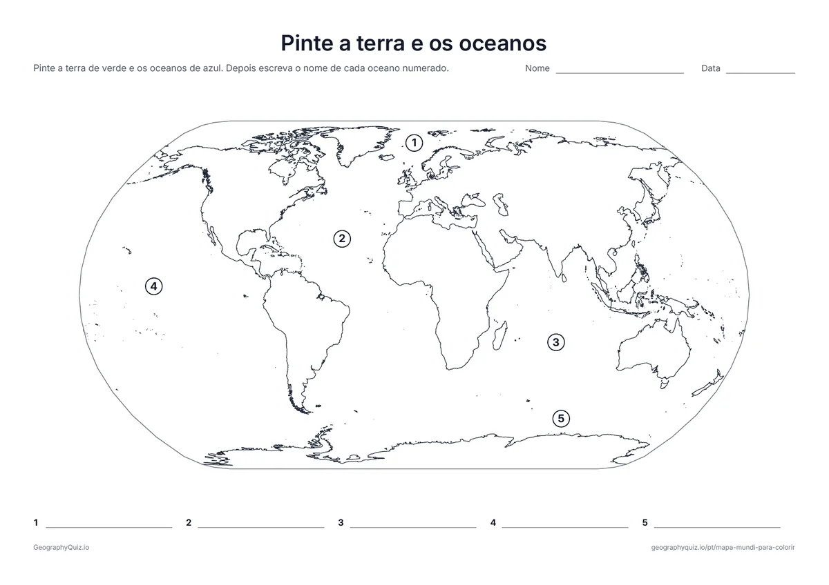 Prévia da atividade para imprimir: Pinte a terra e os oceanos: Pinte a terra de verde e a água de azul e escreva o nome de cada oceano numerado