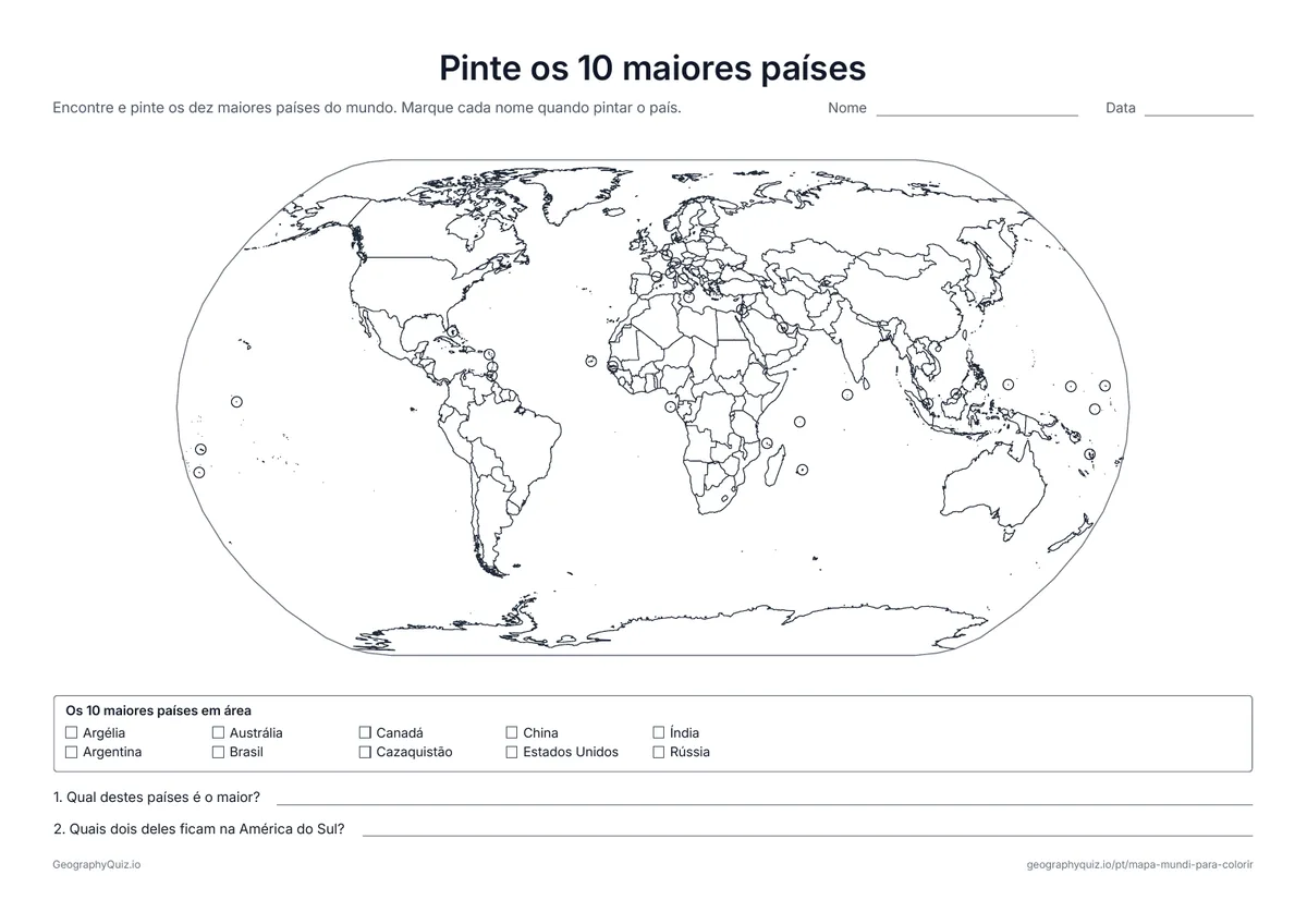 Prévia da atividade para imprimir: Pinte os 10 maiores países: Um mapa do mundo com todas as fronteiras e a lista dos dez maiores países em área