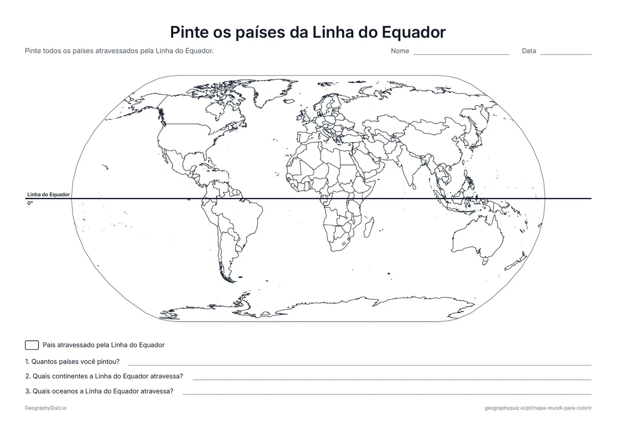 Prévia da atividade para imprimir: Pinte os países da Linha do Equador: A Linha do Equador cruza o mapa