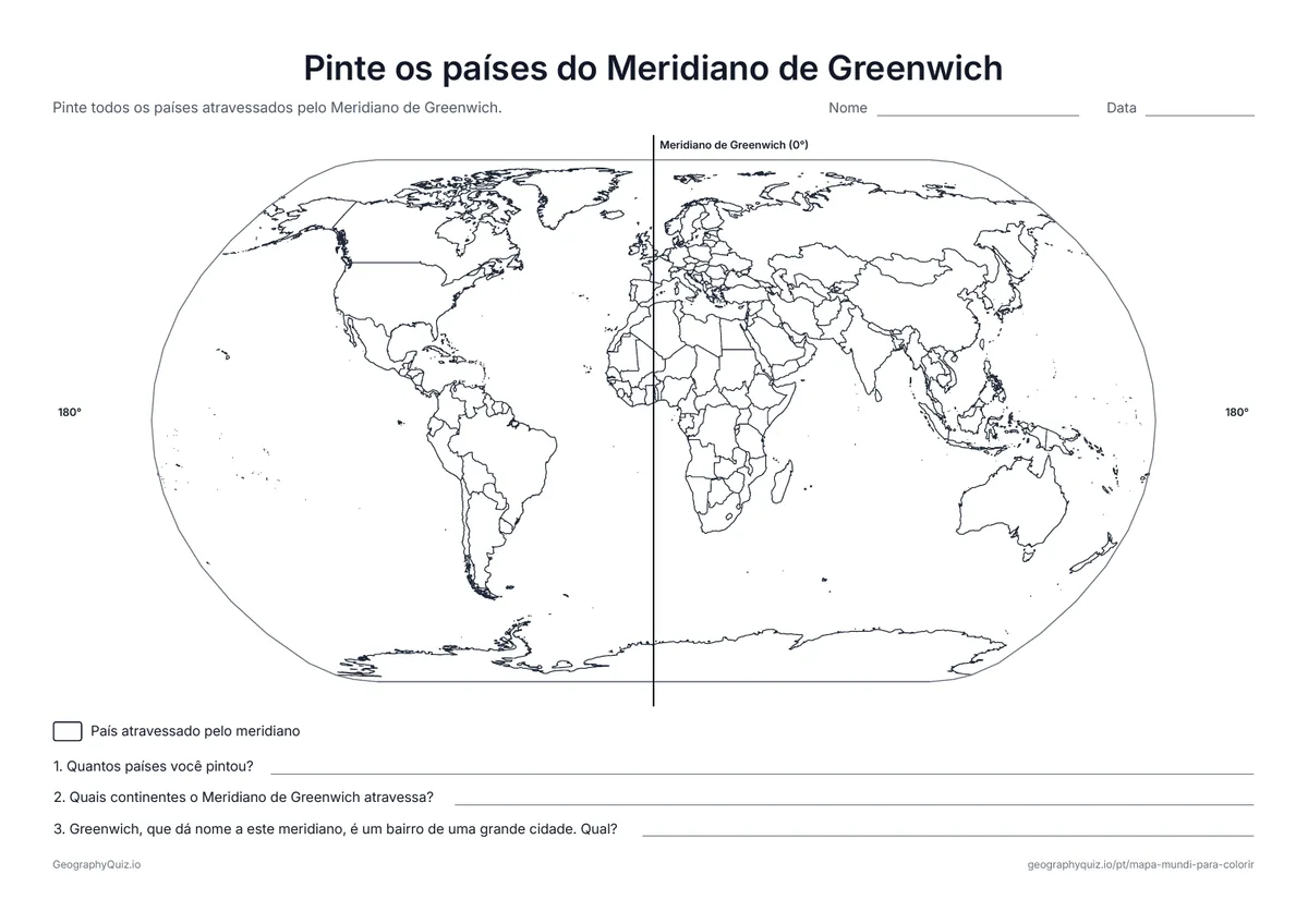 Prévia da atividade para imprimir: Pinte os países do Meridiano de Greenwich: O Meridiano de Greenwich percorre o mapa de polo a polo