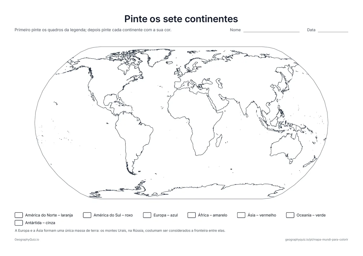 Prévia da atividade para imprimir: Pinte os sete continentes: Um mapa dos sete continentes com uma legenda de cores: os alunos pintam primeiro a legenda e depois cada continente