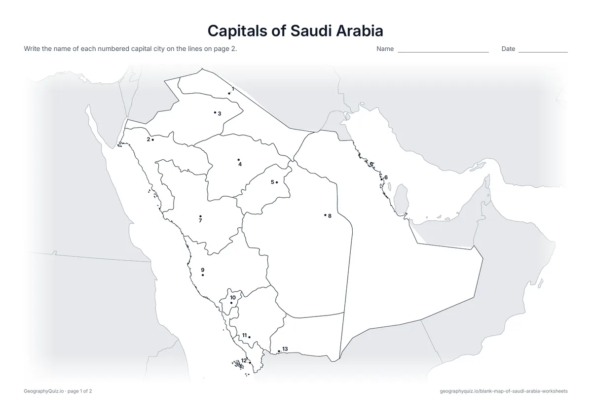 Preview of the printable capitals of saudi arabia worksheet
