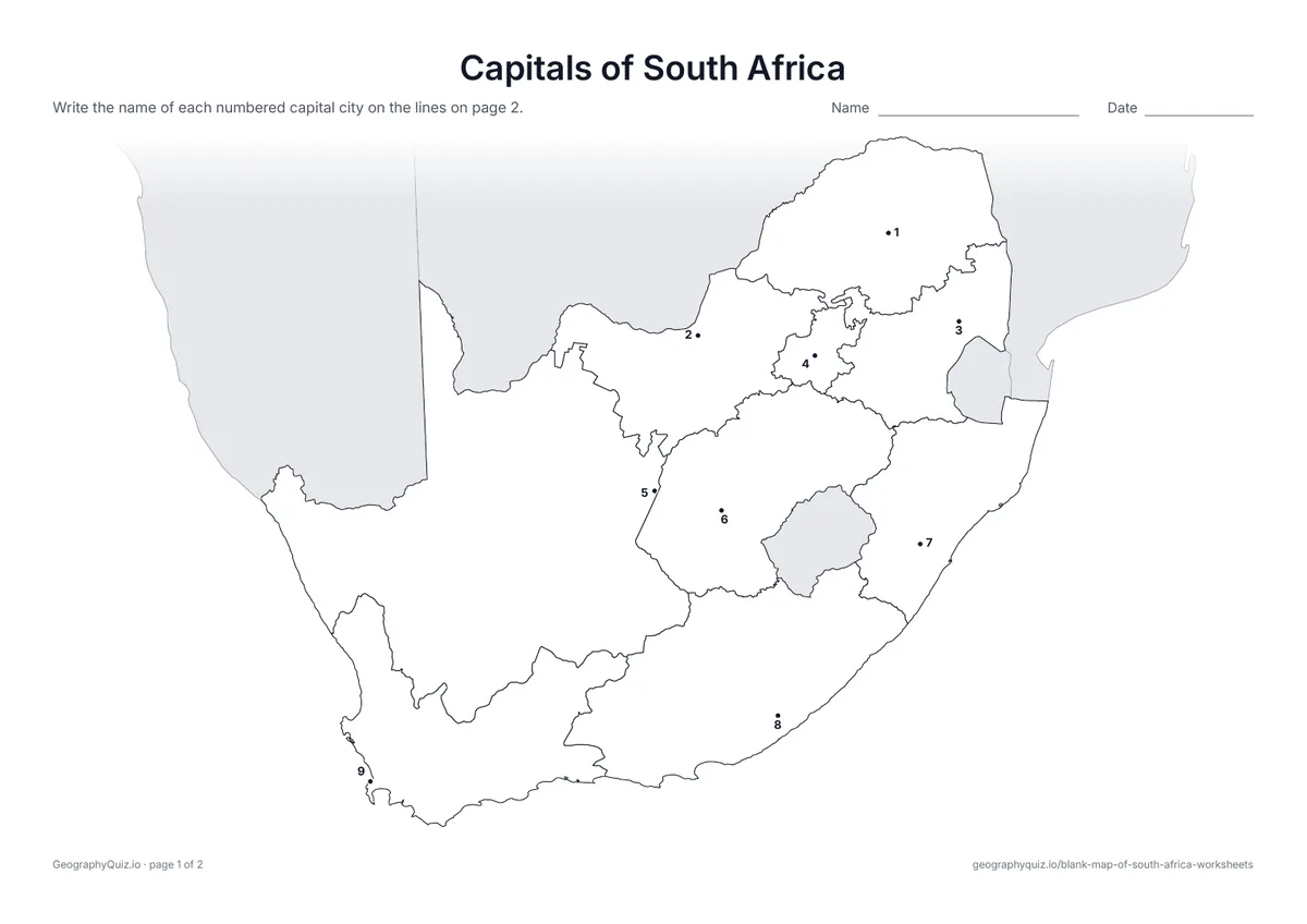 Preview of the printable capitals of south africa worksheet