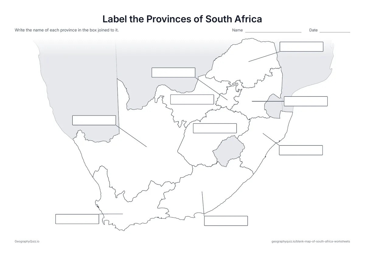 Preview of the printable label the provinces of south africa worksheet