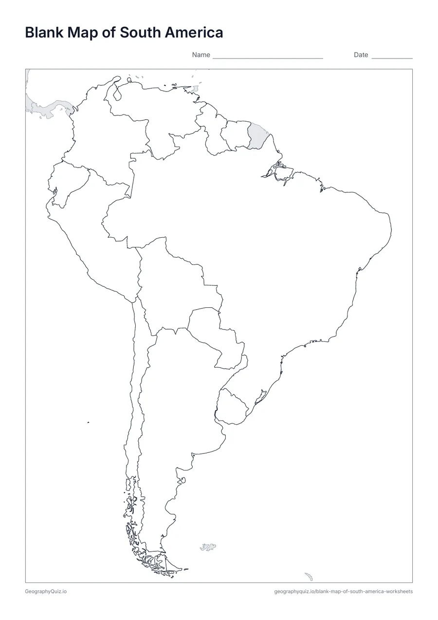 Printable blank map of South America worksheet preview