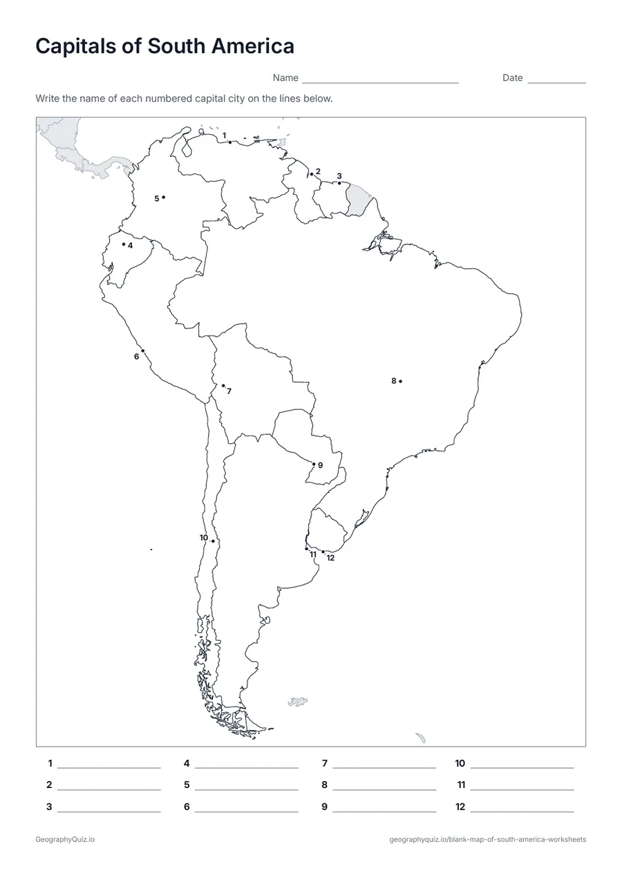 Preview of the printable capitals of south america worksheet