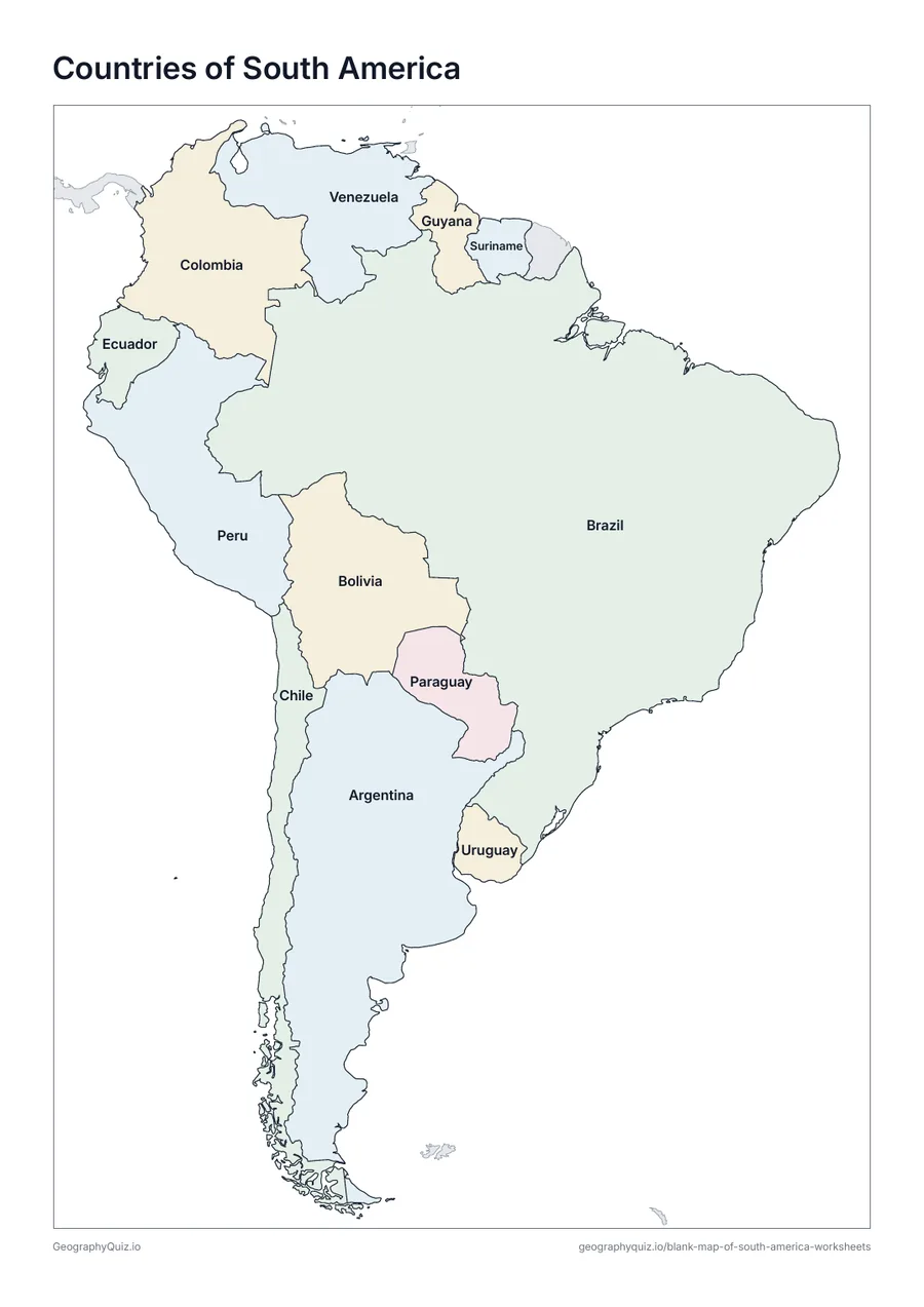 Preview of the printable countries of south america worksheet
