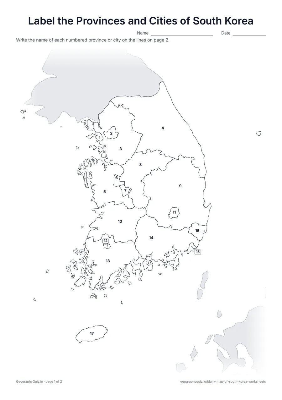 Preview of the printable label the provinces and cities of south korea worksheet