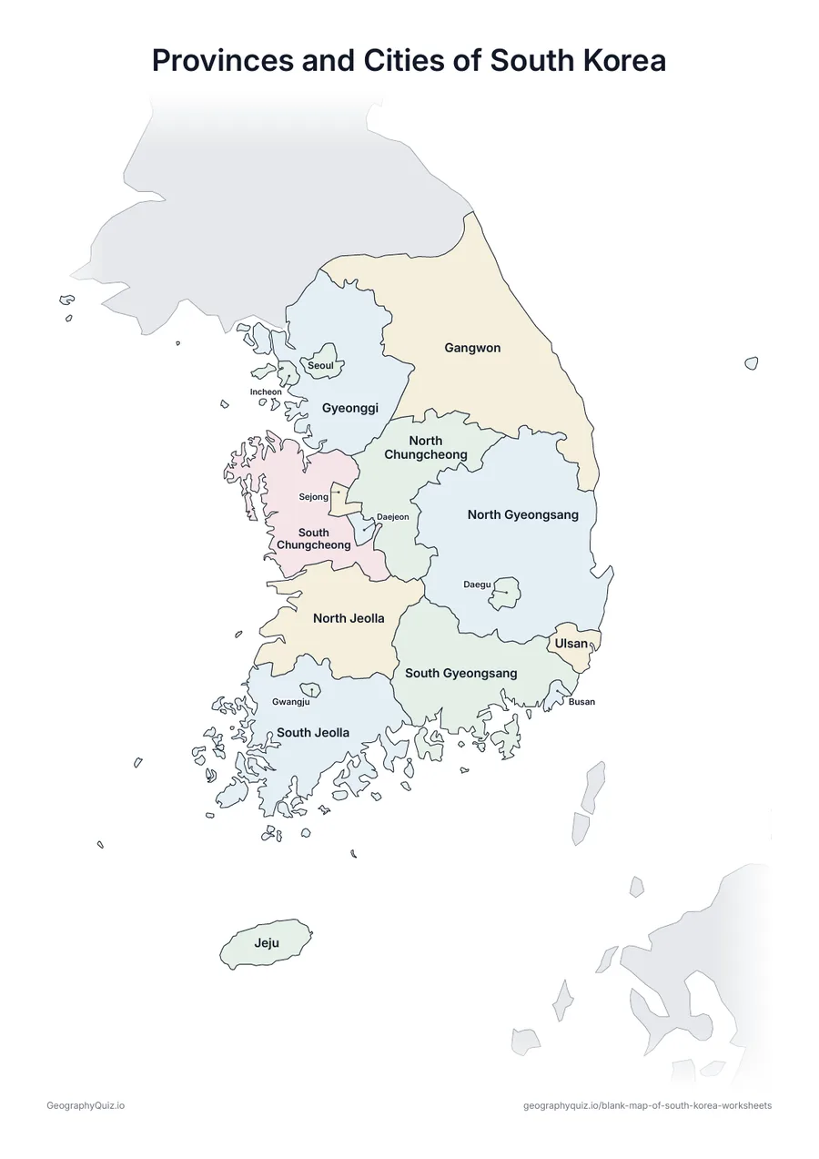 Preview of the printable provinces and cities of south korea worksheet