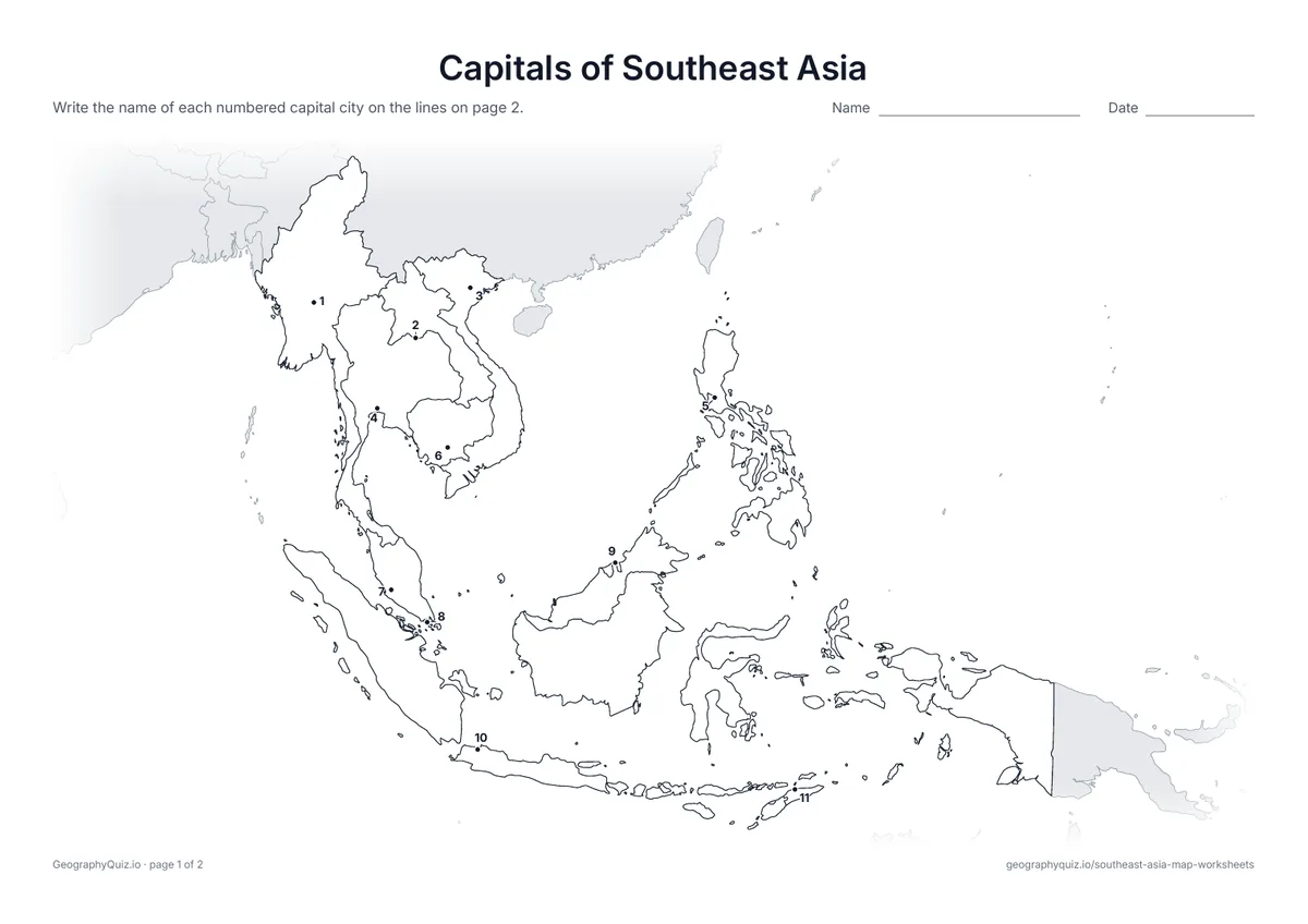 Preview of the printable capitals of southeast asia worksheet