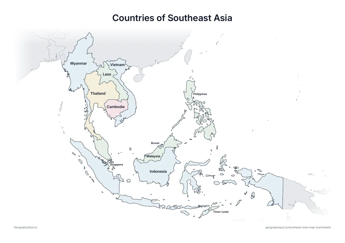 Preview of the printable countries of southeast asia worksheet