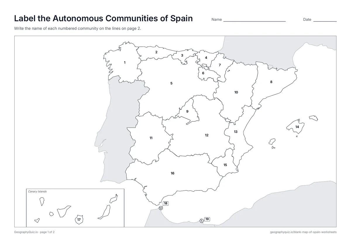 Preview of the printable label the autonomous communities of spain worksheet