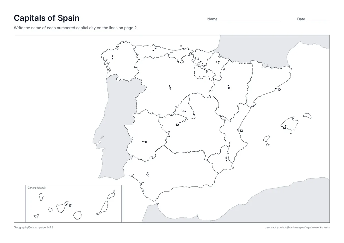 Preview of the printable capitals of spain worksheet