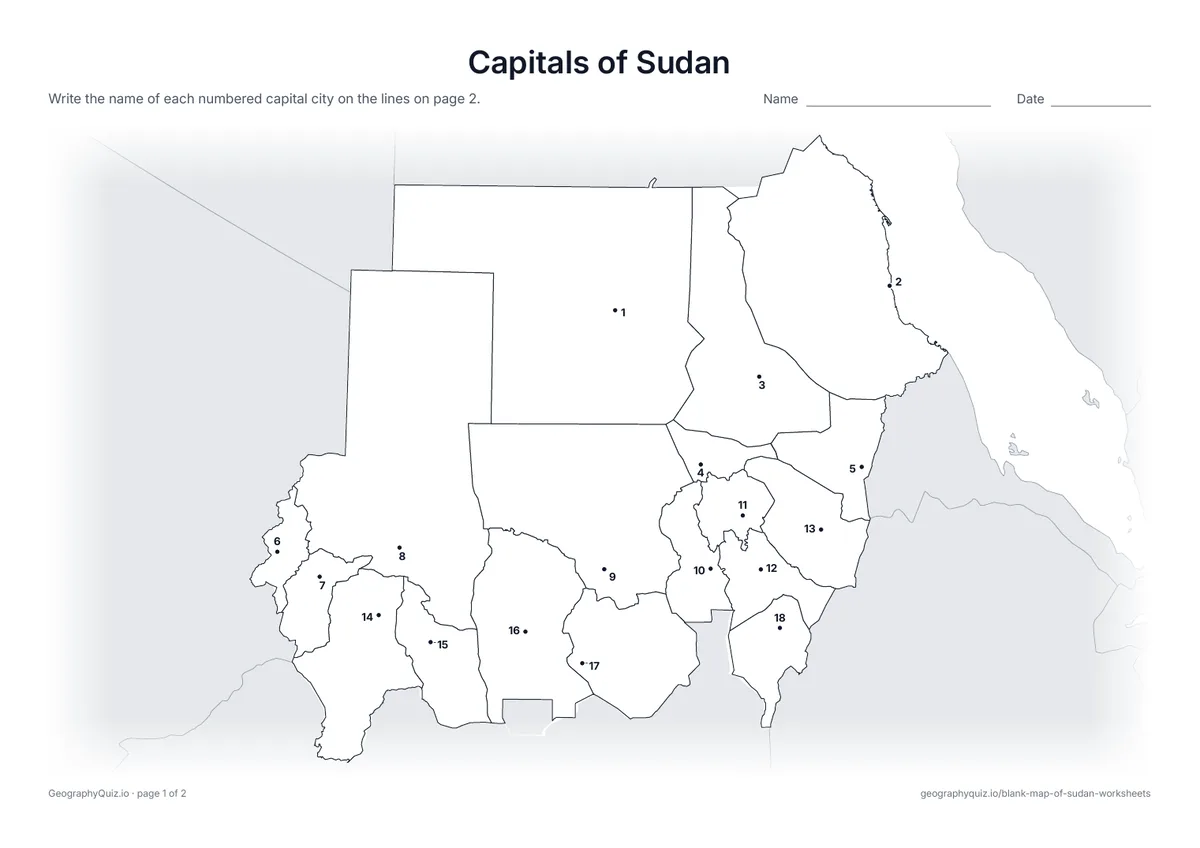 Preview of the printable capitals of sudan worksheet