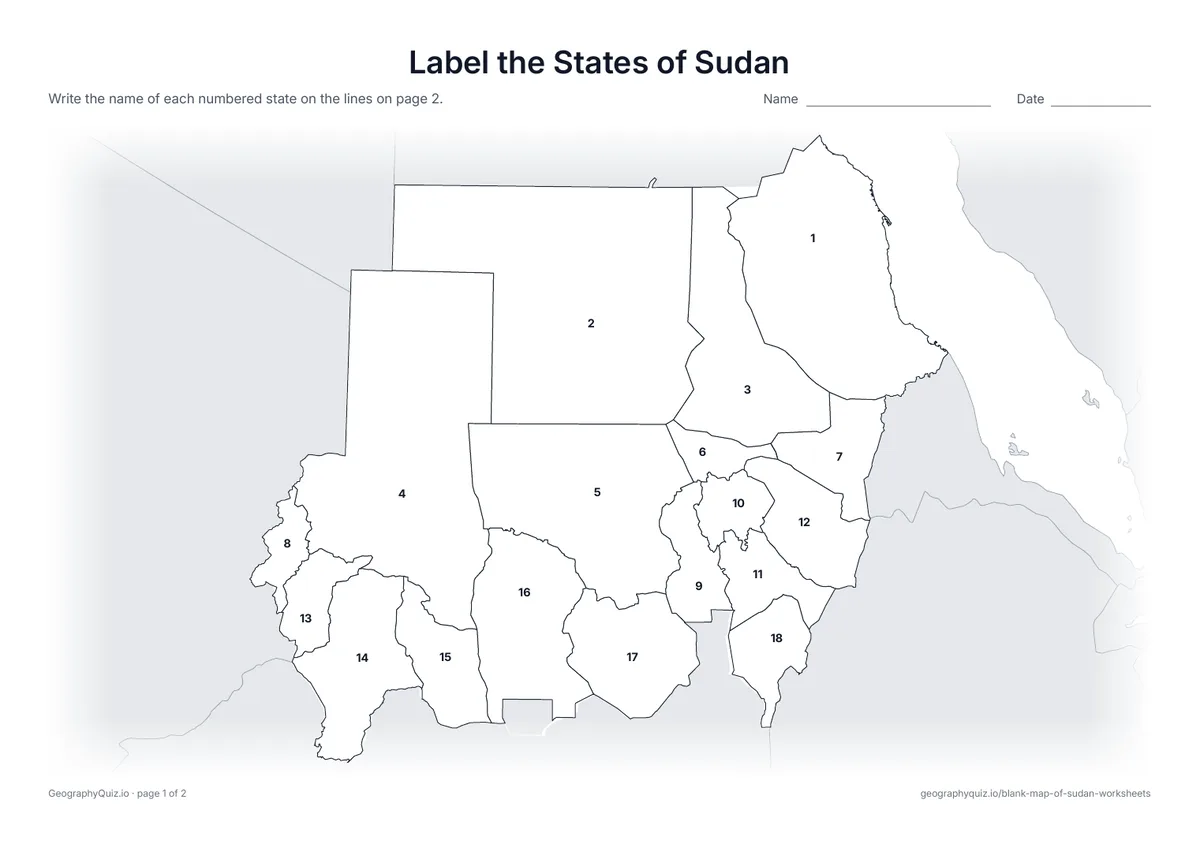 Preview of the printable label the states of sudan worksheet