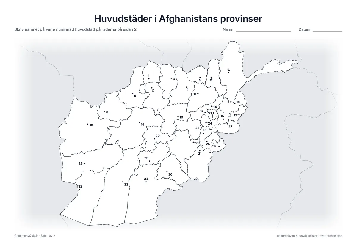 Förhandsvisning av arbetsbladet ”Huvudstäder i Afghanistans provinser” att skriva ut: Varje huvudstad är markerad med en numrerad punkt
