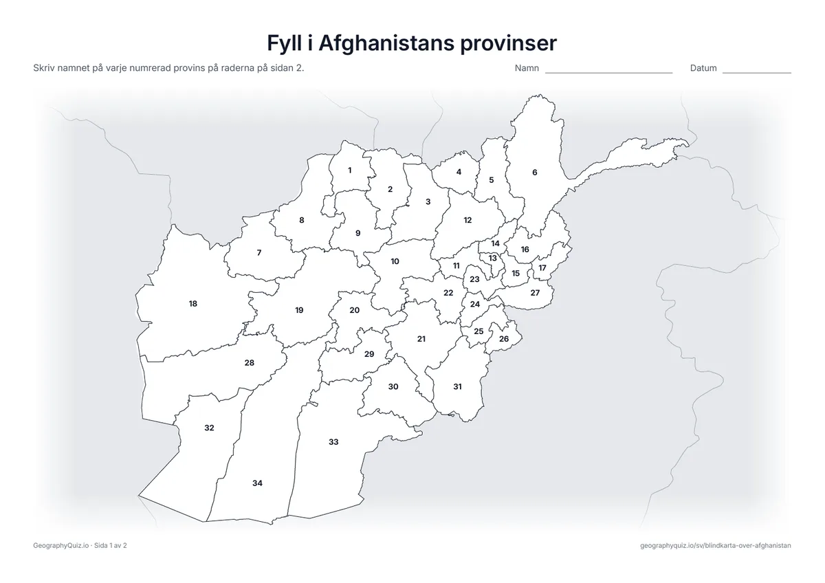 Förhandsvisning av arbetsbladet ”Fyll i Afghanistans provinser” att skriva ut: Alla 34 provinser är numrerade