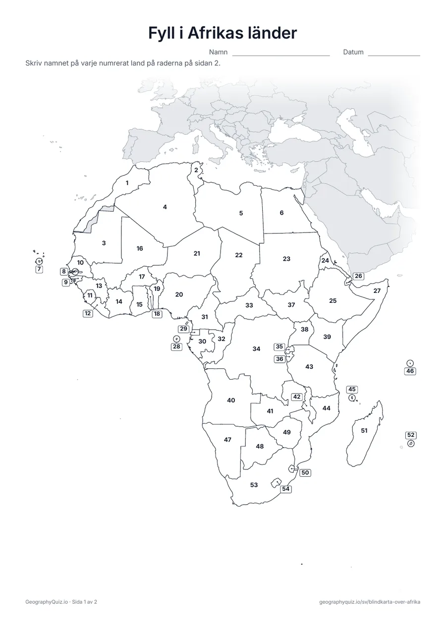 Förhandsvisning av arbetsbladet ”Fyll i Afrikas länder” att skriva ut: Varje land i Afrika har ett nummer