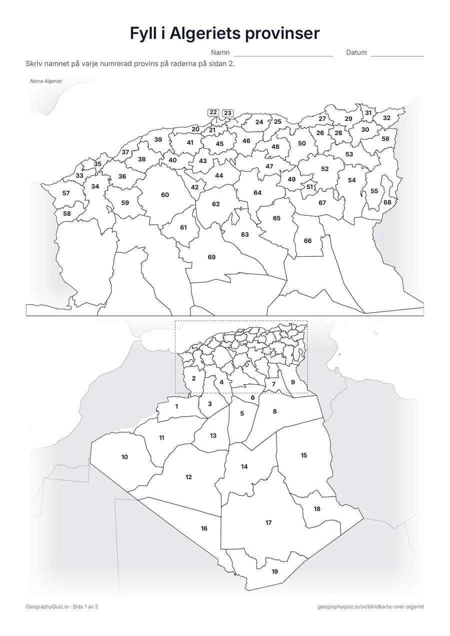 Förhandsvisning av arbetsbladet ”Fyll i Algeriets provinser” att skriva ut: Alla 69 provinser är numrerade