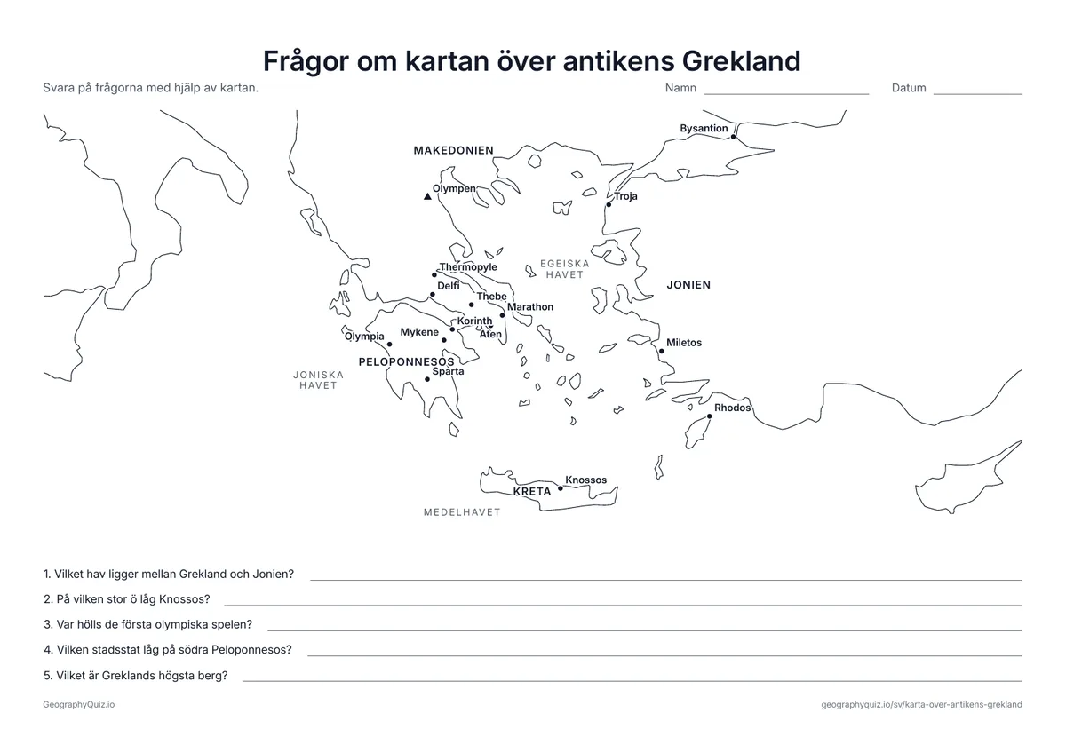 Förhandsvisning av arbetsbladet ”Frågor om kartan över antikens Grekland” att skriva ut: En karta med namn och fem frågor om de olympiska spelen, Sparta, Knossos, Olympen och Egeiska havet